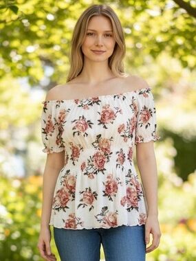 Floral Smocked Peasant Blouse - White with Rose Print